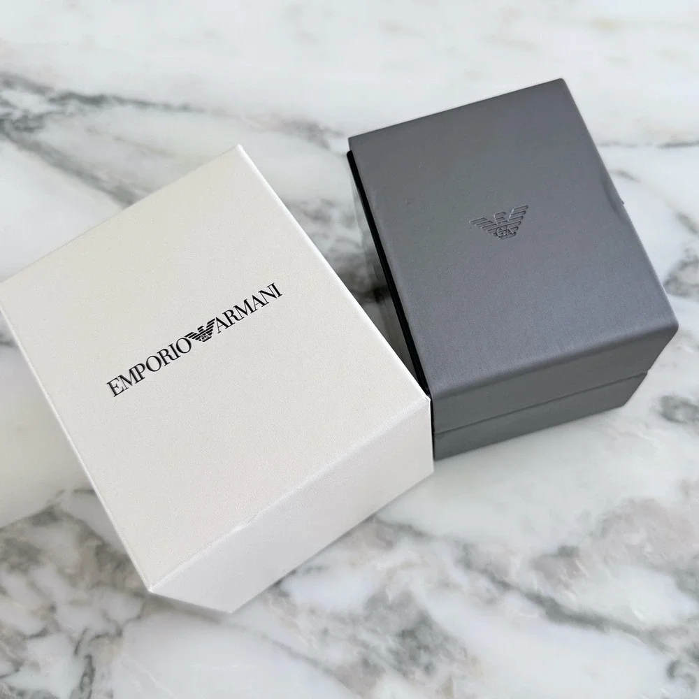 Emporio Armani Watch Box Grey Clamshell Case with White Outer Sleeve and Pillow